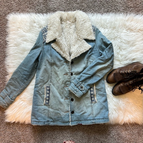 Free People Light Blue Denim & Sherpa Lined Long Boho Jacket - Picture 3 of 12